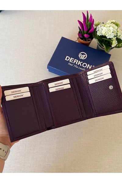 DERKON Genuine Leather Wallet with Small Lots of Card Holders Misha Model Eggplant Purple