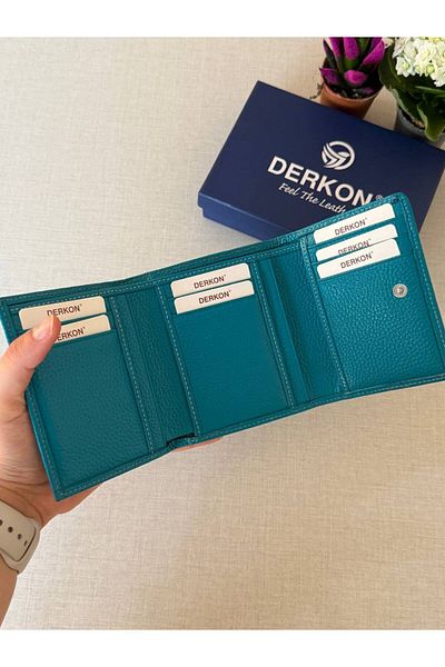 DERKON Πορτοφόλι από γνήσιο δέρμα με μικρές πολλές θήκες για κάρτες Misha Model Petrol Green