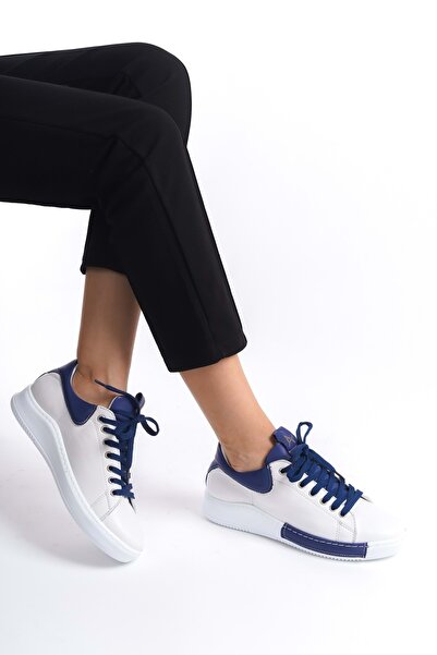 ANALİN SHOES Women's Genuine Leather Lace-Up Sneakers White/Dark Blue
