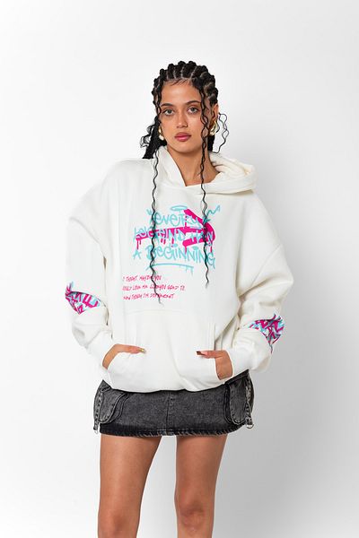 Bak Moda Jinx Arcane Printed Oversize Unisex Λευκό Hoodie