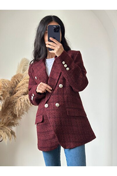 solena sln Kadın Yeni Sezon Tüvit Kruvaze Bordo Blazer Ceket