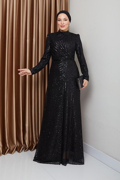 Olcay Hijab-Abendkleid mit Pailletten und Volants – SCHWARZ 1677