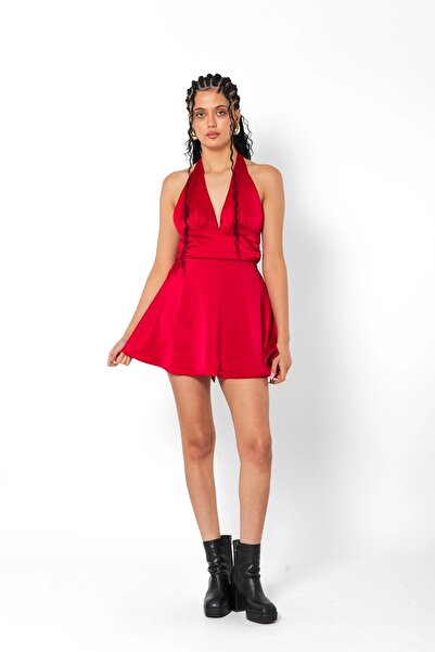 Bak Moda Red Mini Satin Dress with Belted Back Low Cut