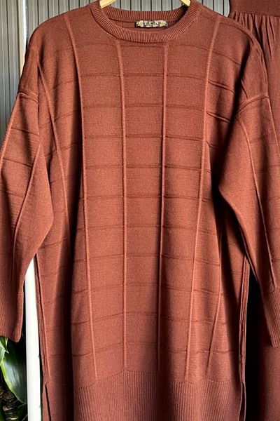 Bold Grup Καφέ Πλεκτό Γυναικείο Σετ - Standard Tunic, Παντελόνι και Λεπτομέρεια Hijab