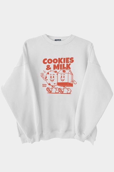 Vatkalimon Cookies & Milk Printed White Unisex Thick Fleece Inside Oversize Sweatshirt