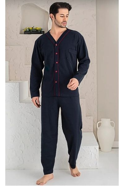 tubgen Мъжки пижамен комплект с дълъг ръкав, 100% памук, 4 сезона, с копчета отпред и емблема
