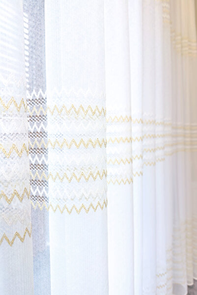Brillant Gold İşlemeli Nakış Tül Perde Yeni Sezon Altın Renk Seyrek Pileli