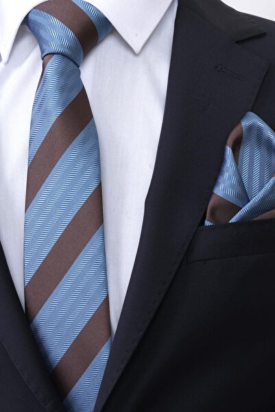 Esgue Ручна робота 7,5 см Синьо-коричнева краватка з смугастим хусткою