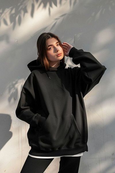 FUNSTYLE Дамски суитшърт с качулка и повдигнат черен цвят, с кенгуру джоб