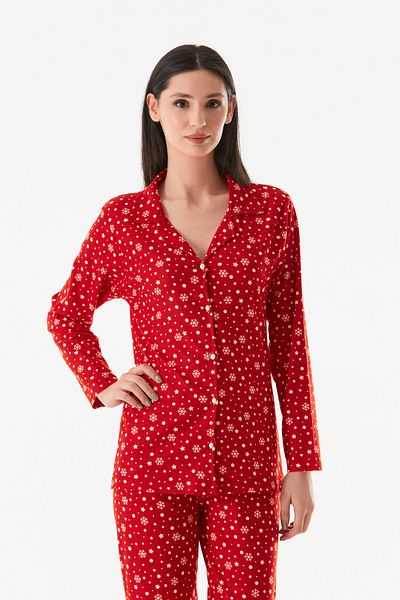 Fulla Moda Set pijamale din piele intoarsa - imprimeu cu fulgi de nea, guler camasa