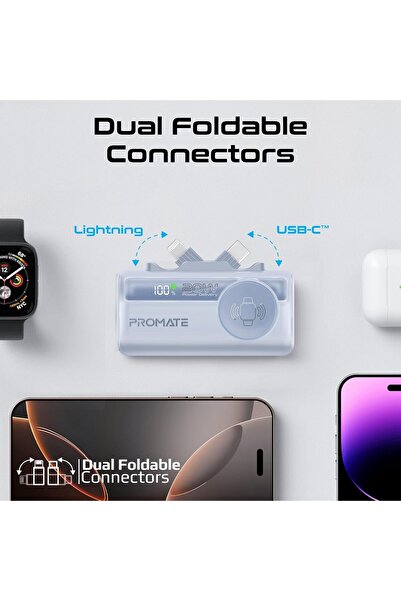 Promate PowerUp-Trio 5000mAh Mini Power Bank with 20W USB-C & 12W Lightning, LED Display (Blue)