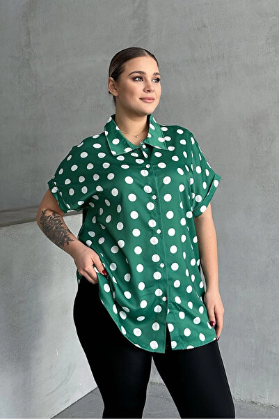 Stil Diva Plus Size Button Front Short Sleeve Polka Dot Print Shirt 303461