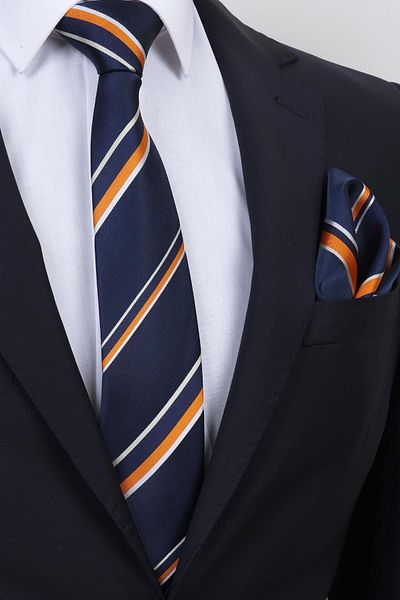 Esgue Handmade 7.5 cm Navy Blue Mustard Striped Handkerchief Tie