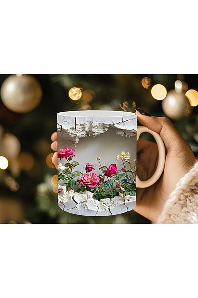 Evion 3D Porcelain Mug with Roses in the Wall - Gift Mug - Printed Mug