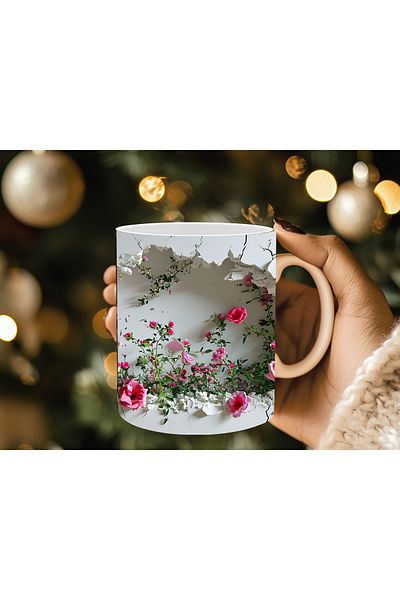 Evion 3D Porcelain Mug with Roses in the Wall - Gift Mug - Printed Mug