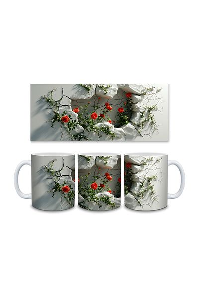 Evion 3D Porcelain Mug with Roses in the Wall - Gift Mug - Printed Mug