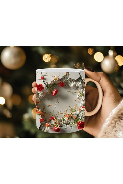 Evion 3D Porcelain Mug with Roses in the Wall - Gift Mug - Printed Mug