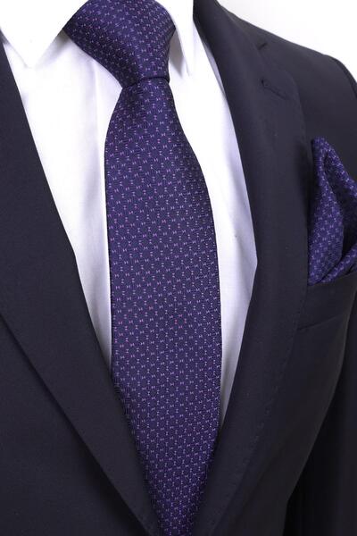 Esgue Cravată cu batistă cu model violet bleumarin de 7,5 cm, realizată manual