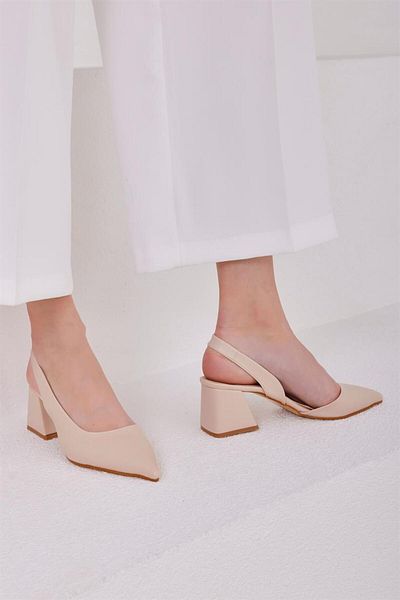 Madamra Beige Women's Ankle Strap Open Back Heeled Shoes