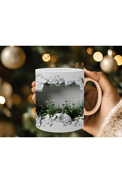 Evion 3D Porcelain Mug with Roses in the Wall - Gift Mug - Printed Mug