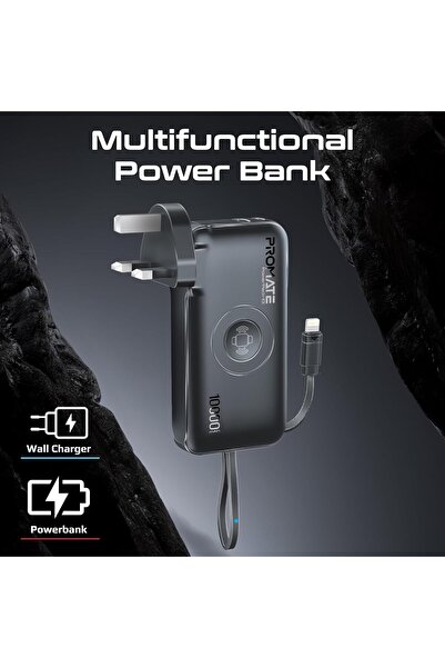Promate PowerPack-10i 10000mAh Power Bank with Wireless Apple Watch Charger & Built-in Lightning Cab