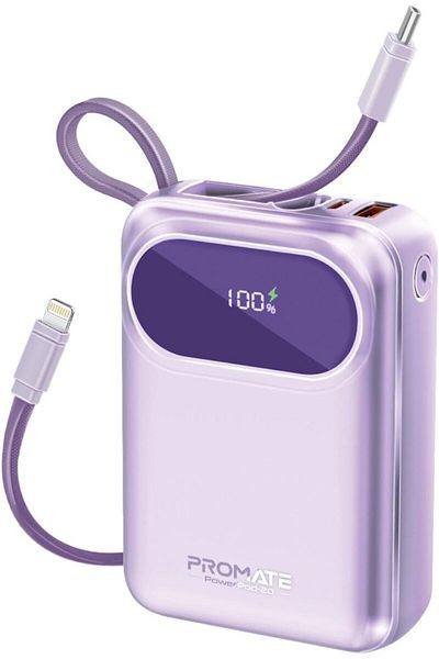 Promate Power Bank with Built-In USB-C Cable, 20000mAh Compact Fast Charging Power Bank, 35W USB-C P