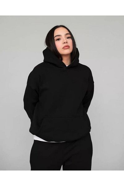FUNSTYLE Hanorac cu glugă cu buzunar cangur negru pentru femei
