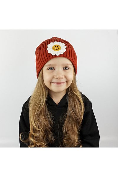 woodycord Ribbed Knitwear Kids-Youth Beret - Smiling Daisy Pattern