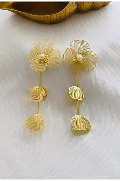 VNS Accessories Ball Pearl Detail Wire Plate Grid Model Long Flower Earrings (9.5 cm)