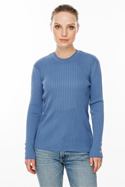 accort Sıfır Yaka Fitilli Triko Kazak-İNDİGO