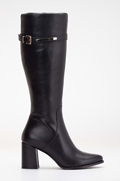 ANALİN SHOES Cizme negre din piele naturală - Tocuri elegante cu detaliu de cataramă aurie