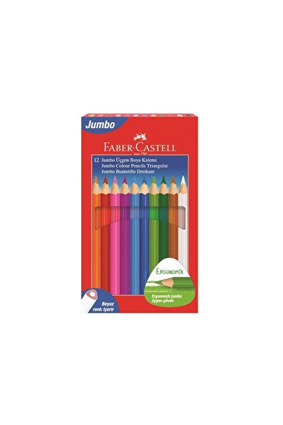 Faber Castell Jumbo Üçgen Boya Kalemi 12 Renk Ergonomik Gövde Beyaz Renk Kalın Uçlu Canlı Ve Örtücü Renkler