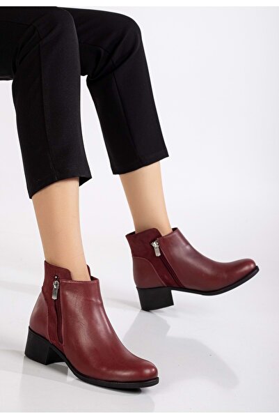 ANALİN SHOES Kadın Hakiki Deri Nubuk Detaylı Kısa Topuklu Bilek Bot - Bordo