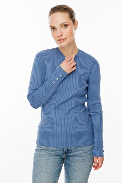 accort Sıfır Yaka Fitilli Triko Kazak-İNDİGO