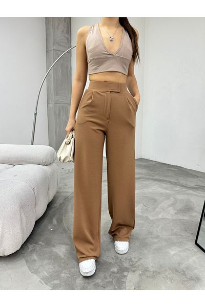 BİKELİFE Hellbraune Palazzo-Hose mit weitem Bein und Klettverschluss aus Lycra für Damen