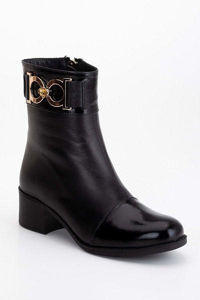 ANALİN SHOES Women's Genuine Leather Accessory Patent Leather Detailed Short Heeled Boots - Black