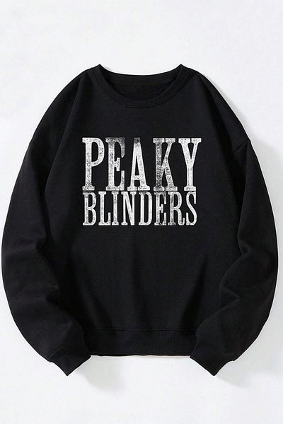 THEWERT Черен памучен суитшърт с лого на Peaky Blinders с кръгло деколте за жени/мъже