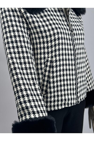 FEMİAS Houndstooth Pattern Collar and Sleeve Fur Coat