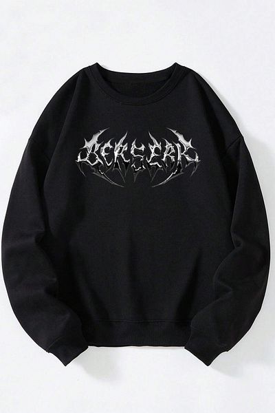 THEWERT Berserk Silver Letter Printed Women/Men Black Crew Neck Cotton Sweatshirt