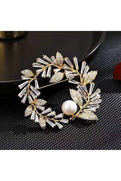 ESJ İnci Detay Kristal Taş Yaprak Çelenk Kadın Broş  4,5 * 4,5 cm