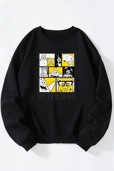 THEWERT Sponge Bob Black White Printed Women'S/Men's Black Crew Neck Cotton Sweatshirt