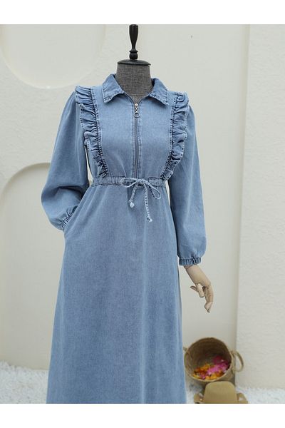 Modamorfo Ice Blue Denim Dress - Half Zip and Tunnel Lace