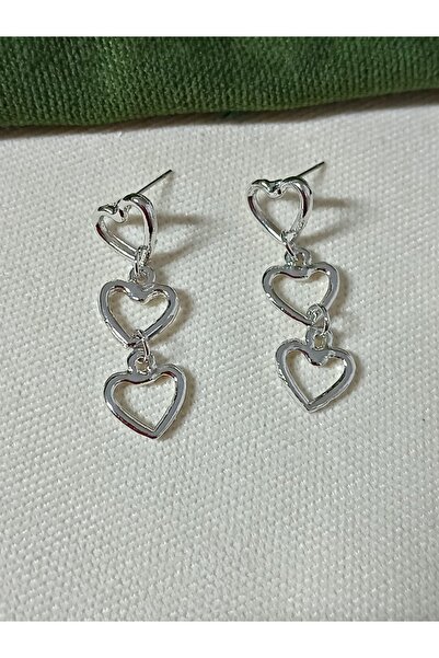 mos&more Gümüş Üç Sıralı Kalp Hafif  Kadın Küpe
