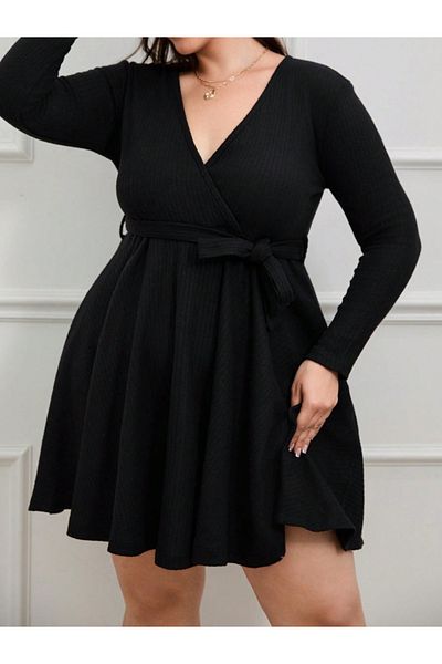 MODAVERA    Women's Long Sleeve Double Breasted Collar Belt Detail Loose Ribbon Camisole Mini Dress