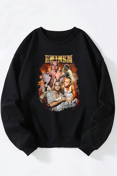 THEWERT Eminem Rap God Orange Printed Women/Men Black Crew Neck Cotton Sweatshirt