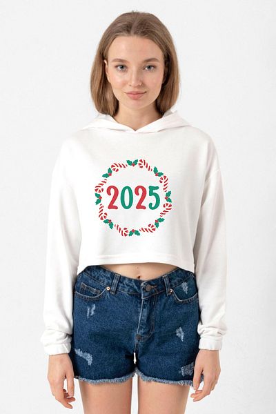 Tshirthane Ecru Women's Crop Hooded Split Wreath - Christmas Holiday