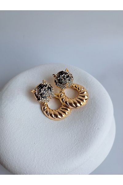 BHR AKSESUAR Gold Zircon Stone Tiger Detailed Hanging Earrings