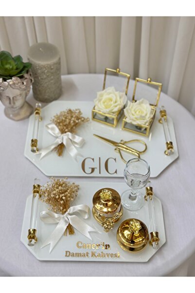 Paparti İsimli Gold Söz Nişan Tepsi Seti Damat Kahve Fincan Takımı