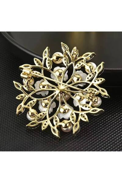 ESJ Kristal Zirkaon Taş İnci Detay Çelenk Çiçek Kadın Broş  4,5*4,5 cm