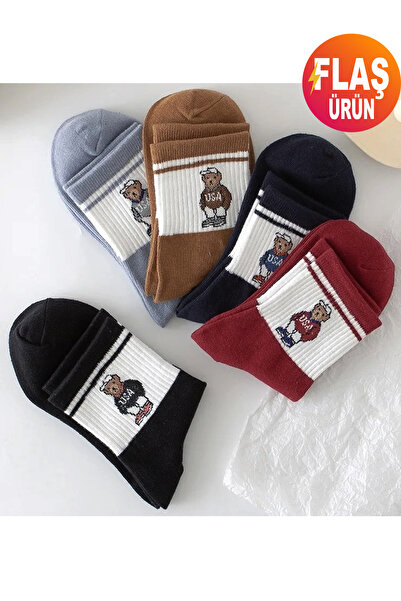 KEMSON Унисекс комплект от 5 чифта памучни чорапи в ретро стил – мече, колежански райета, за ежедневна употреба